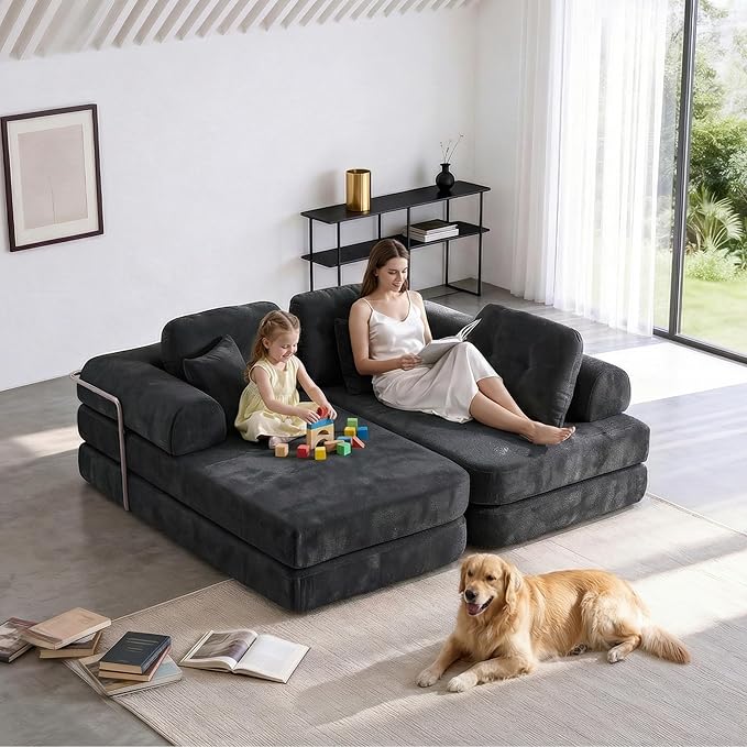 104 Modular Sofa Bed 8-in-1 Convertible Sectional Couch with High Resilience Sponge &amp Oversized 3 Cushions – Modern Boneless Design for Living Rooms &amp Apartments (Dark Gray 104'')