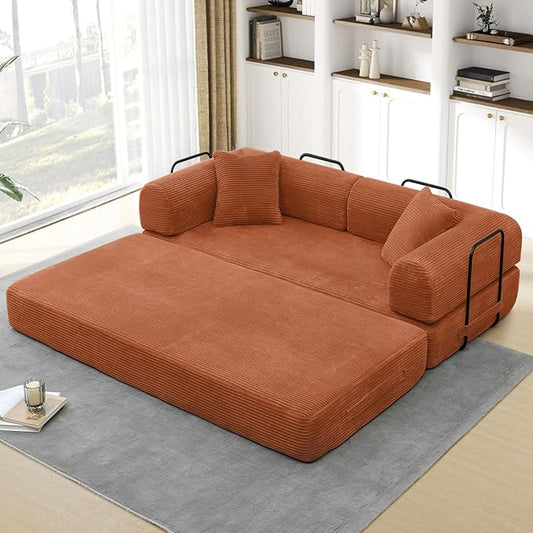 Convertible Folding Sofa Bed Corduroy Sleeper Mattress Couch with Fixed-Shape Frame Free Combination Loveseat Lounge Floor Sofa Queen Size Memory Foam Couch for Living Room Bedroom Burnt Orange