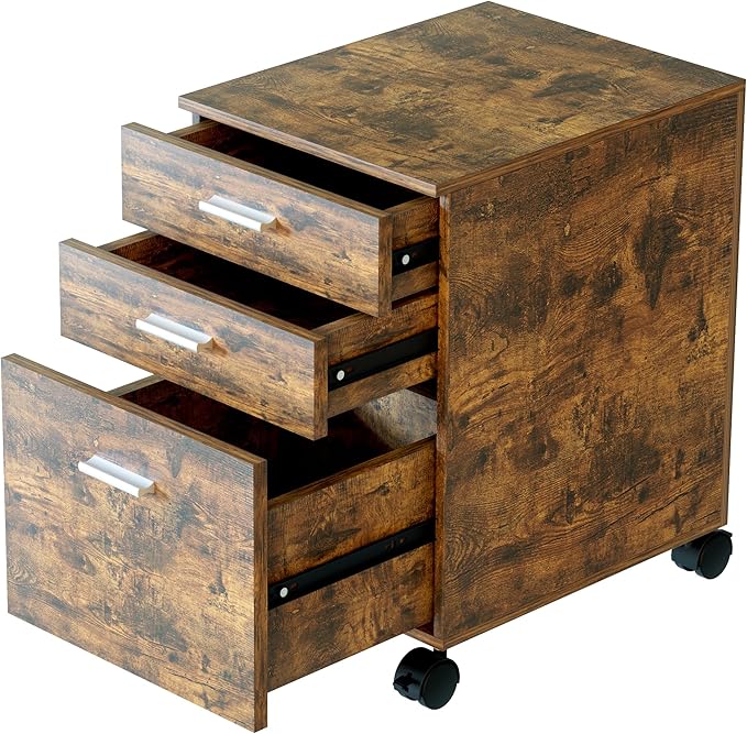 3 Drawer File Cabinet with WheelsPre-Assembled Brown Wood OrganizerFits A4/Letter Size for Home OfficeMobile Printer Stand Storage19 L x 16 W x 22 H