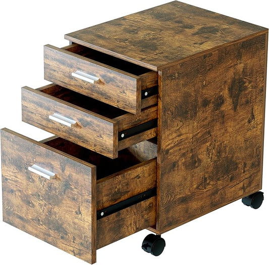 3 Drawer File Cabinet with WheelsPre-Assembled Brown Wood OrganizerFits A4/Letter Size for Home OfficeMobile Printer Stand Storage19 L x 16 W x 22 H
