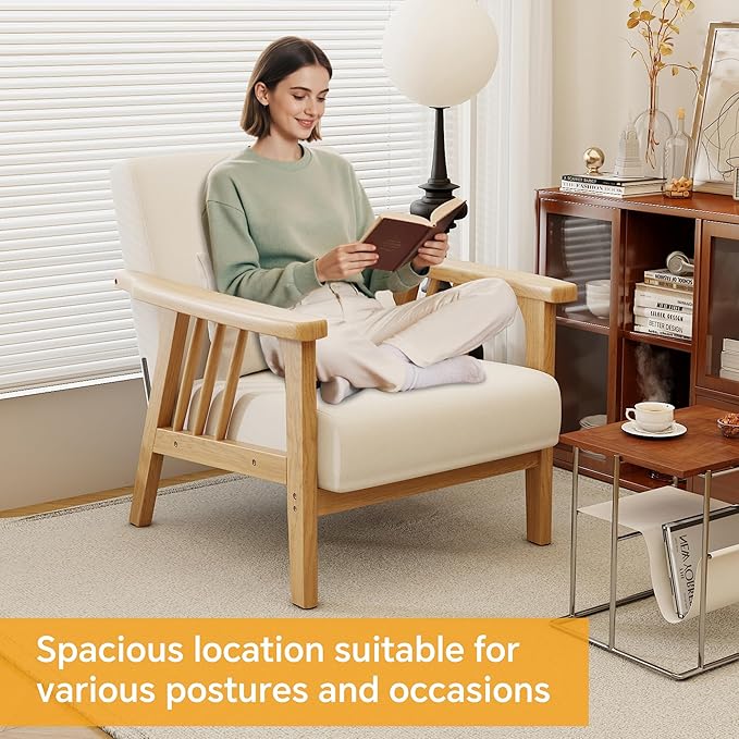 Solid Wood Accent Chair Mid-Century Modern Lounge Armchairs Fabric Upholstered Soft Comfy Living Room Chairs with Armrest Waist Cushion Pillow for Office Reading Waiting Room (Natural)