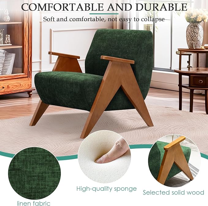 Home Accent Chair Mid Century Modern Accent Chair with Wood Frame Lounge Upholstered Armchair Reading Chair Sturdy BaseFor Living Room BedroomOfficeComfy Guest Waiting Room ChairsGreen