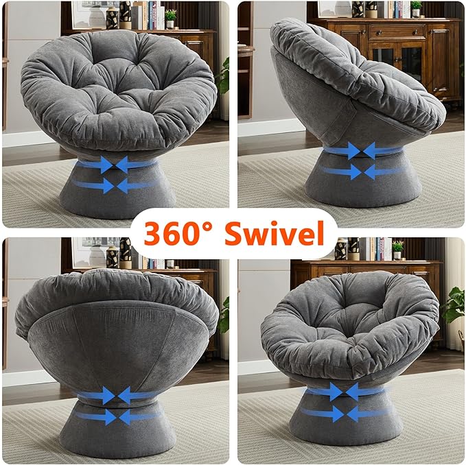 Modern Oversized Chenille Papasan Chair 360° Swivel Chair with Thick Cushion Comfortable Lounge Accent Chair for Living Room Bedroom Reading Nook (Dark Grey)