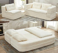 Sleeper Sofa with Chaise Lounge Convertible Sectional Couch Bed Plush Corduroy 3-Seat Sofa with Blanket Deep Seat King Size Sleeper for Small Apartment No Assembly Required (White)
