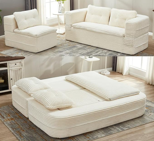 Sleeper Sofa with Chaise Lounge Convertible Sectional Couch Bed Plush Corduroy 3-Seat Sofa with Blanket Deep Seat King Size Sleeper for Small Apartment No Assembly Required (White)