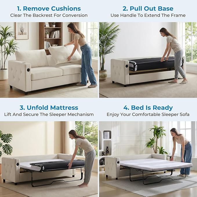 Mjkone 72 Full Size Pull Out Sofa Bed Velvet 2-in-1 Convertible Sleeper Sofa Bed with Memory Foam Mattress Cup Holder USB Charging PortsGuest Couch Bed for Living Room Small Spaces - Beige