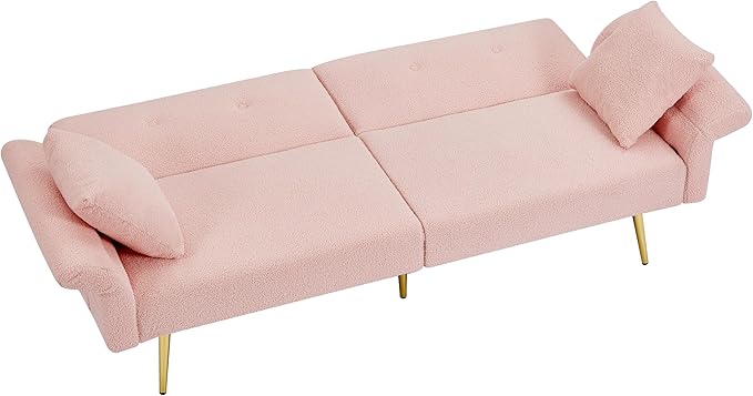 Pink Futon Sofa Bed Loveseat with Adjustable Backrest and Armrests Teddy Couch with Pillows and Side Pocket for Small Spaces Living Room Apartment Or Office (Pink)