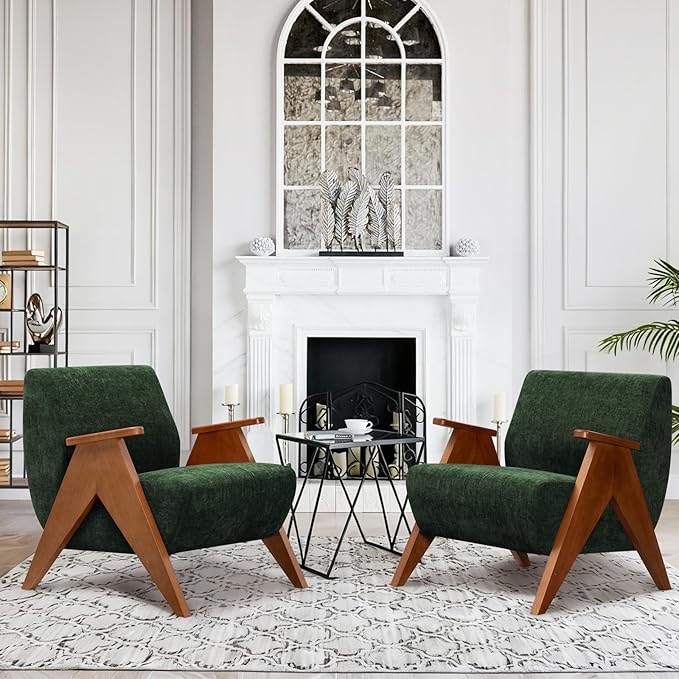 Home Accent Chair Mid Century Modern Accent Chair with Wood Frame Lounge Upholstered Armchair Reading Chair Sturdy BaseFor Living Room BedroomOfficeComfy Guest Waiting Room ChairsGreen