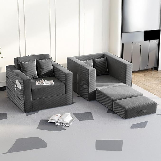Claiks Convertible Sofa Bed2 in1 Folding Sofa BedArmchair Sleeper Sofa Boneless Corduroy Couch with 2 Pillows Pillows for Living Room BedroomDark Grey