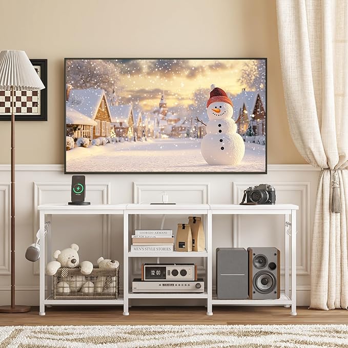 YGEOMER Entertainment Center for 55 inch TVs TV Stand with Power Outlet and Open Storage Shelves TV Media Console Table for Living Room and Bedroom White