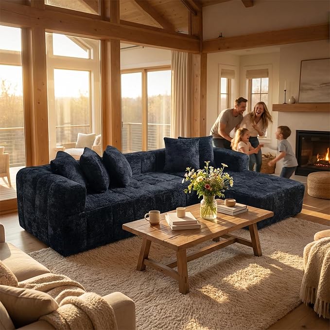107.9“Cloud Sectional Boneless Couch Modular Sofa with Deep Seat 5 Pillows L-Shaped Free Combination Soft Boucle Fabric 1400 lbs Capacity Living Room Apartment. (Black Right Hand Facing) | No Assembl