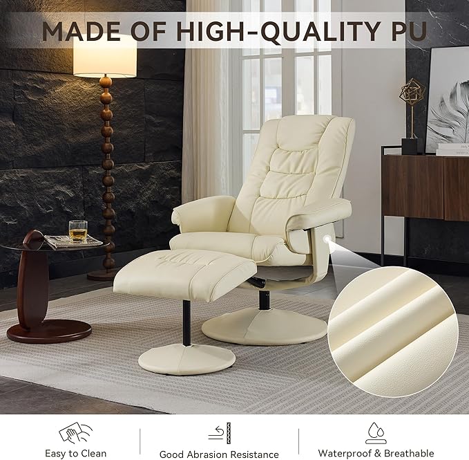 Pushback Recliner ChairComfy Wingback Adjustable Backrest Artificial Leather Accent Armchair with Footstool Trim &amp Wood Base Swivel Sofa Chair for Living Room Office Home Theater Bedroom (Beige)