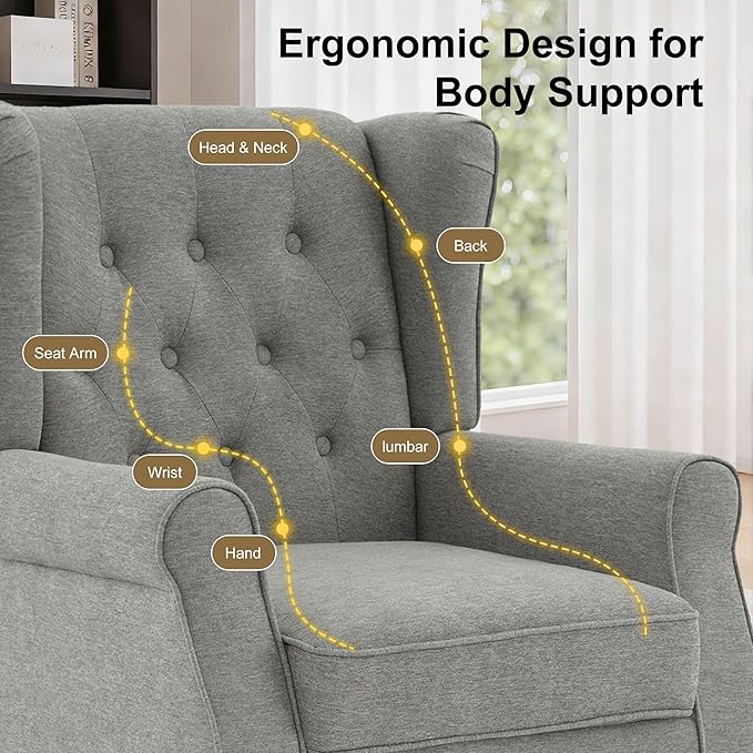 Accent Chair High Back Upholstered Chair with Button Tufted Mid-Century Modern Comfy Wingback Chair Reading Armchair in Fabric for Living Room for Bedroom Office-Light Gray