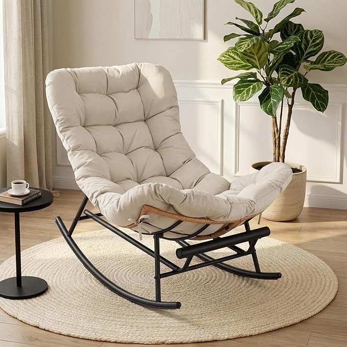 GarveeHome Indoor Papasan Rocking Chair Rattan Rocker with Extendable Footrest &amp Detachable Polyester Cushion 352lbs Sturdy Large Reading Lounge for Indoor Bedroom Living Room Beige