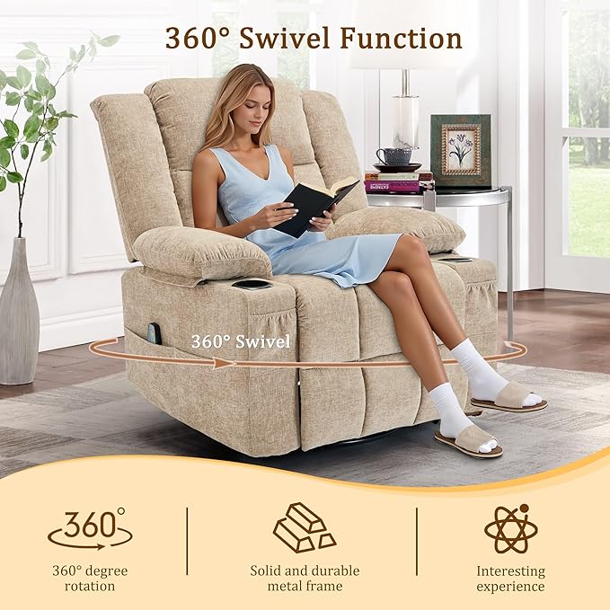 360° Rotating Adult Rocking Recliner Baby Room Glider with Massage and Heating Functions Rocking Chair with Cup Holder Manual Recliner for Living Room and Bedroom (Fabric Khaki)
