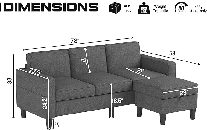 ZeeFu Couch for Living Room - 78'' Beige Linen 3 Seat L-Shaped Sectional Sofa Couches with Storage Ottoman - Modern Small Space Upholstered Furniture Sofa Set for Office Small Space Apartment