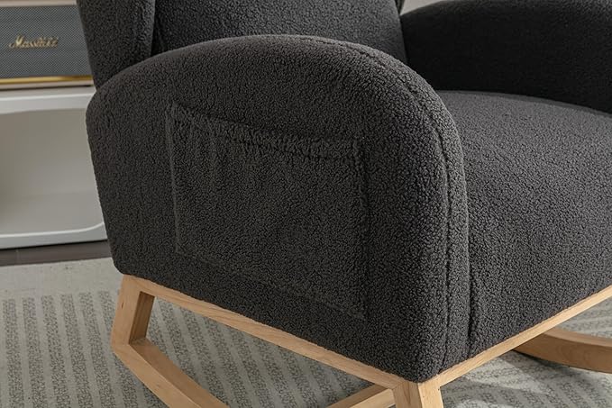 Teddy Rocking Chair Dark Gray Fabric Armchair with Wooden Legs for Living Room Bedroom