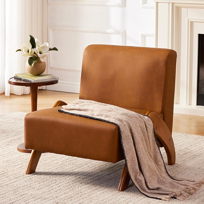 Oversized Accent Chair Set of 2 upholstered armless mid Century Modern Living Room Chair with Wooden Legs for Bedroom/Office/Cafe Faux Leather Cognac Brown