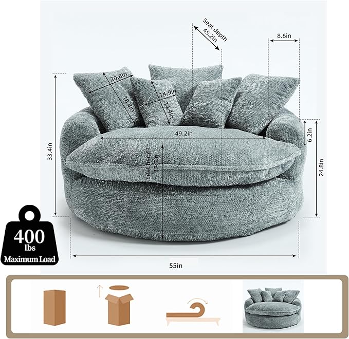 55 Oversized Round Boneless Lounge Chair - Cloud Comfy Reading Seat for Living Room Home Office (Blue Gray Round Lounge Chair (Ottoman Not Included))