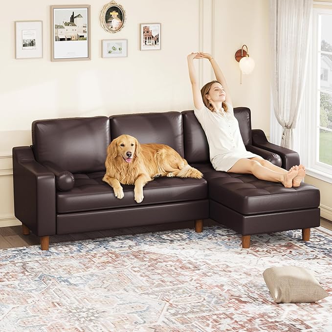 GarveeHome 88.9 L-Shape Sofa with Convertible Chaise Sectional Leather Sofa with Deep Seat Modern Mid-Century Sofa for Living Room Comfy Leather Couch Brown