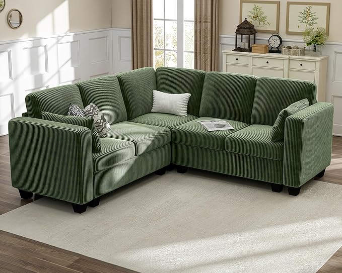 CHIC HOUSE Modular Sectional Couch - Corduroy Shaped Sleeper Sofa Bed with Storage Ottoman Armrest Neck Support Convertible Furniture for Living Room Lounge (Green 5 Seater L-Shaped)