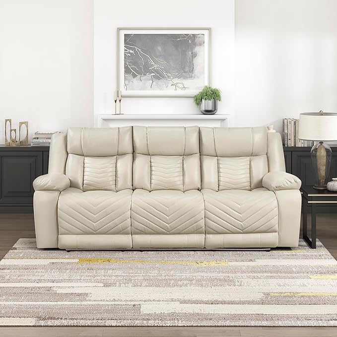 Lexicon Wall Hugger Power Double Reclining Sofa with Center Drop-Down Table Faux Leather Home Theater Seating with LED Lighting/USB Charging Ports/Wireless Charger/Cup Holders Magazine Pocket Beige