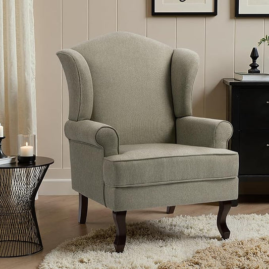 Pia Ricco High Back Floral Accent Chair Upholstered Fabric Armchair with Solid Wood Legs - Retro Living Room Reading Chair Comfortable Single Sofa Seat-Moss Grey