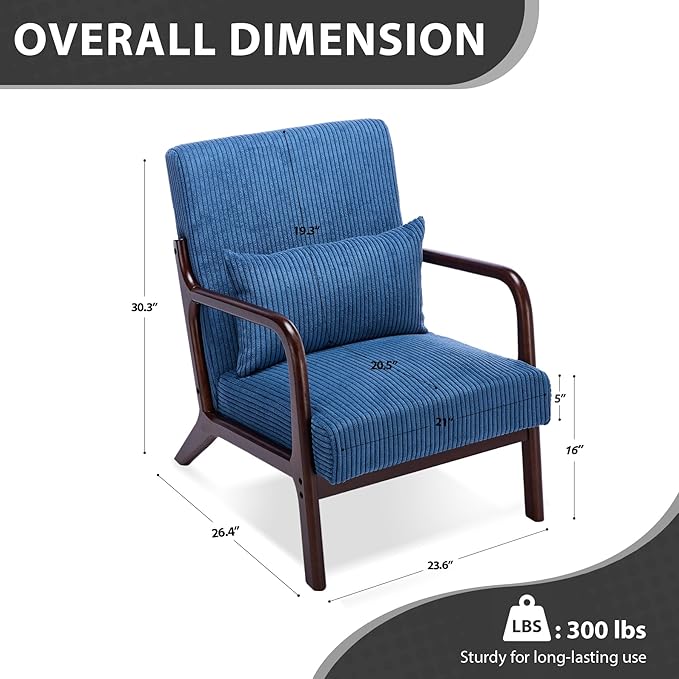 Mid-Century Modern Accent Chair Arm Chair Living Room Chairs with Pillow Upholstered Reading Chair with Solid Wood Frame &amp Corduroy Fabrics for Living Room Bedroom Balcony (Corduroy Sapphire Blu
