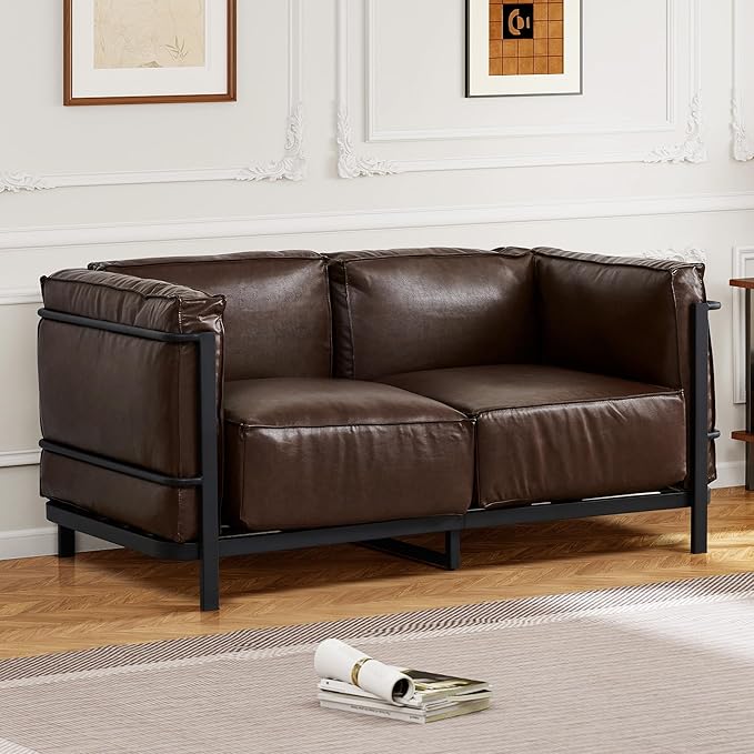 Minimalist Style 3 Seater Sofa Mid-Century Modern Faux Leather Sofa Couch with Fixed-Shape Iron Frame Upholstered Couch Chair for Living Room Office Apartment (Brown Loveseat Sofa)