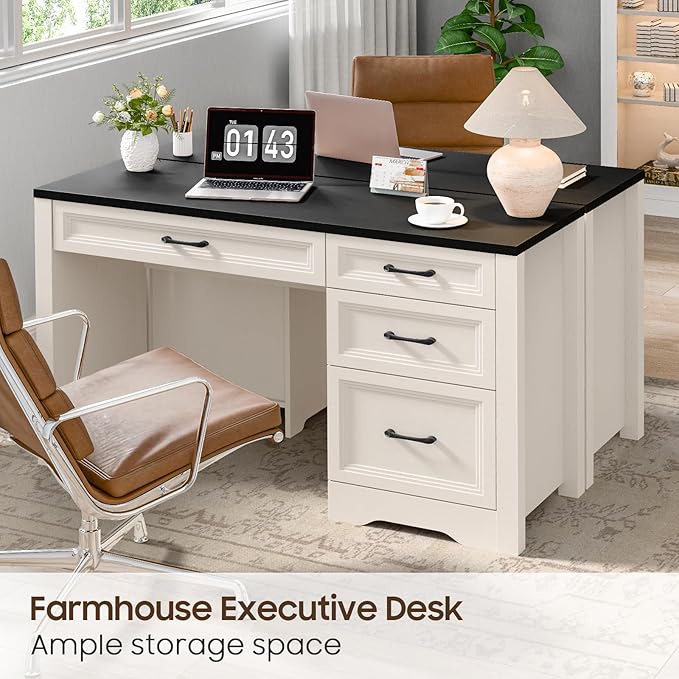 Vabches Farmhouse Executive Desk with Storage and Ample File Drawer Rustic Large Home Writing Desk for Bedroom Black