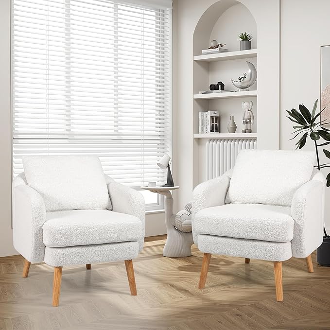 GOFLAME Sherpa Accent Chair Modern Single Sofa Armchair with Seat Cushion &amp Removable Pillow Upholstered Living Room Chair with Rubber Wood Legs Comfy Reading Chair for Bedroom Office White