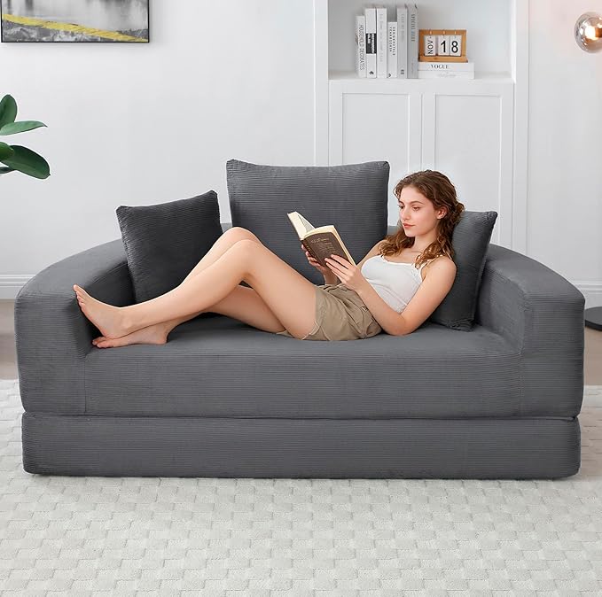 Grey Boneless Loveseat Couch - 67 Circular Convertible Sofa Bed No Assembly Corduroy Folding Floor Futon with Pillows for Small Spaces (Grey)