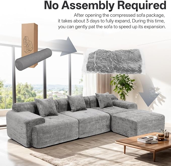 118 Cloud Sectional Couch for Living Room Boneless 4-Seater Lounge Couch with Deep Seat and Movable Ottoman Gray