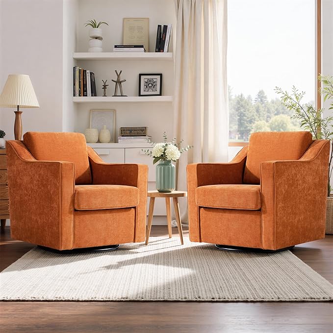 Swivel Accent Chair Modern Round Barrel Arm Chair for Living Room Bedroom Comfy Club Reading Chairs for Adults (Chenille Orange Set of 2)