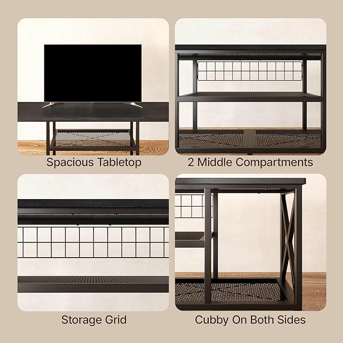 Gizoon TV Stand for 65 Inches TV 59.8'' Entertainment Center with Metal Frame TV Media Console Table with Open Storage Shelves for Living Room Bedroom Black