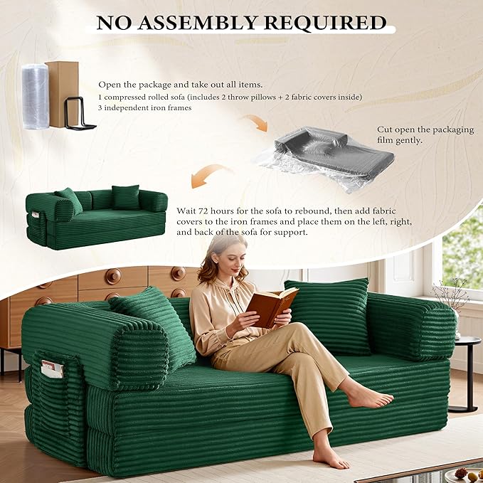 Boneless Couch Futon Sofa Bed Sectional Couches for Living RoomCloud Couch with Sleeper SofaSofas for Living Room Oversized Corduroy Upholstered (Green 81 Inches (with Iron Frame))