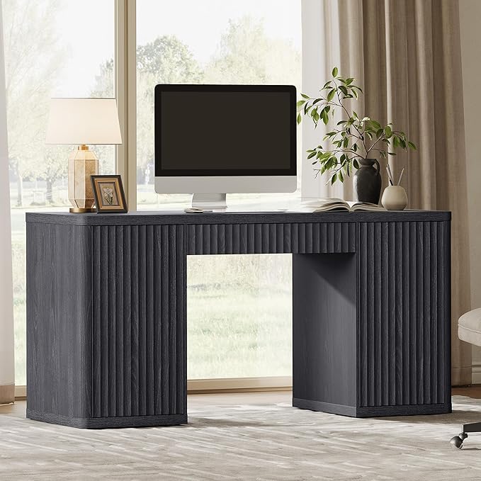 SICOTAS 61 Large Office Computer Desk with Storage Modern Home Office Desks with Drawer &amp Doors Fluted Desks Executive Desk Wooden Writing Table Vanity Table for Living Room Bedroom Black Alder
