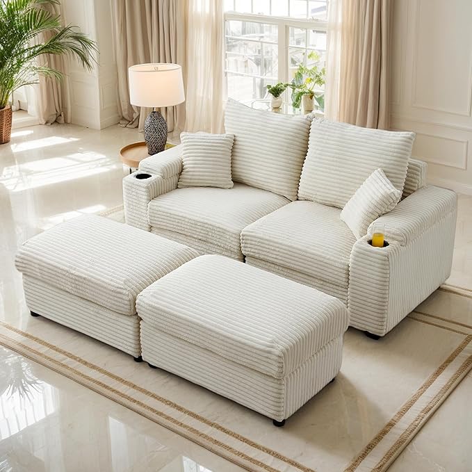 Corduroy Chaise Lounge with Storage Ottoman 70.8'' Comfy Loveseat with Cup Holders Oversized Deep Seat Cloud Couch with Pillows for Living Room (Beige Two Seats)