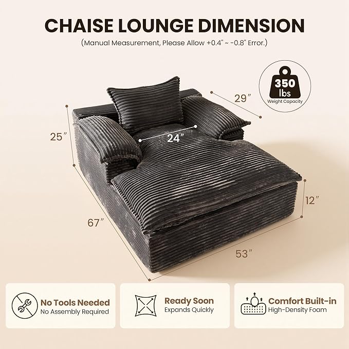 Chaise Lounge Chair Indoor Oversized Sleeping Couch 67L *53W Assembly Free Modern Minimalist Sofa With Comfy Curved Armrest Extra Deep Large Single Sofa for Living Room(Grey Plush Fabric)