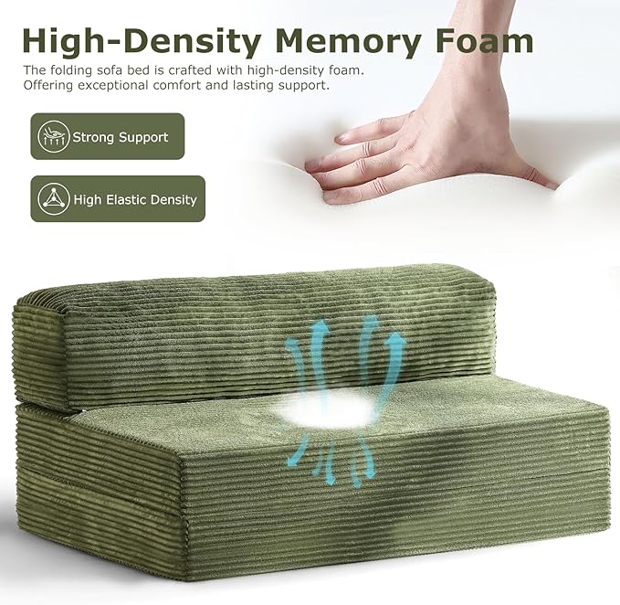 Folding Futon Sofa Bed Full Size 6 inch Convertible Floor Couch Bed with Removable Corduroy Cover Pull Out Couch for Small Spaces High-Density FoamGreen
