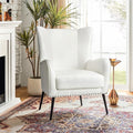 HULALA HOME Faux Leather Accent Chair with Removable Cushion Comfy Upholstered Armchair with Black Metal Legs &amp Nailhead Trim Wingback Vanity Chair for Reading Living Room Bedroom Ivory