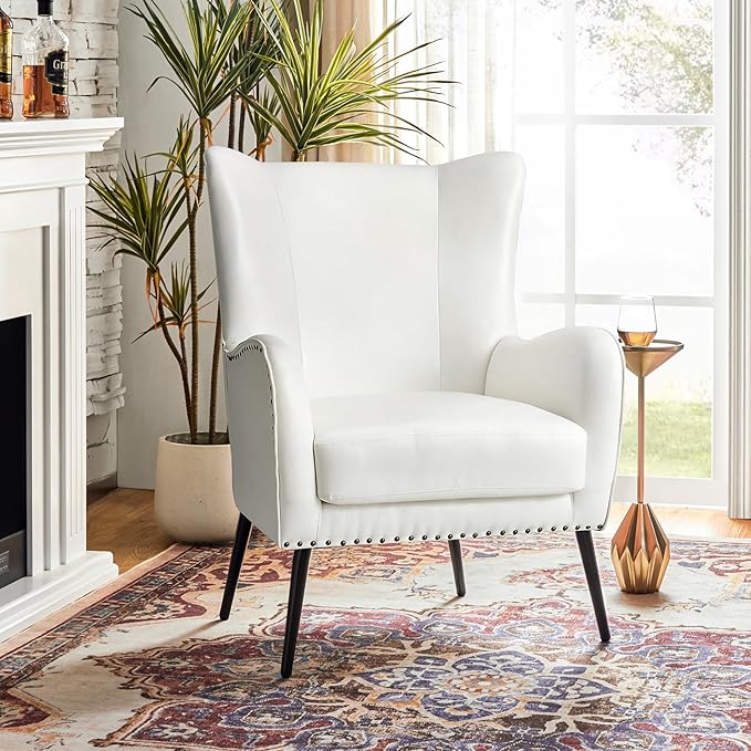 HULALA HOME Faux Leather Accent Chair with Removable Cushion Comfy Upholstered Armchair with Black Metal Legs &amp Nailhead Trim Wingback Vanity Chair for Reading Living Room Bedroom Ivory