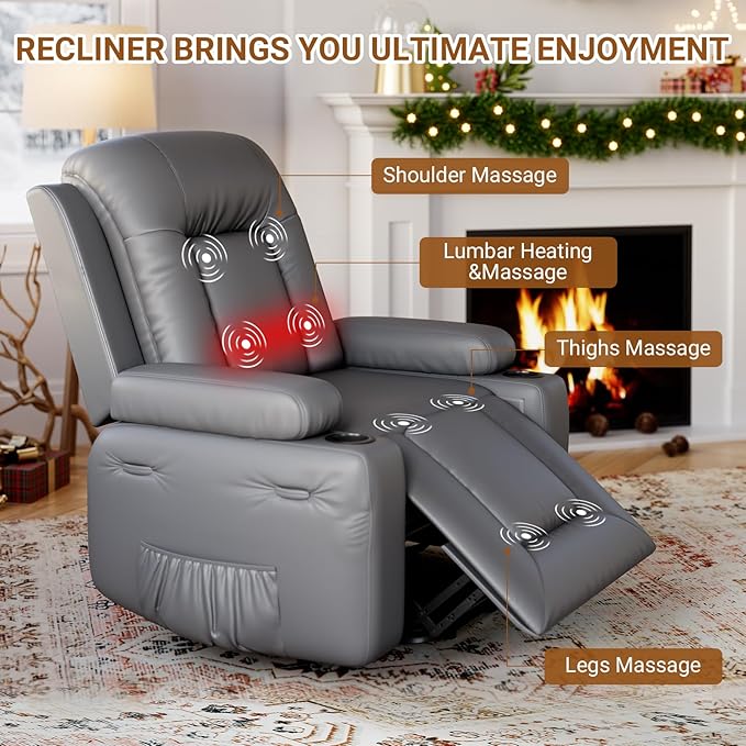 Power Lift Recliner with Heat and Massage – Adjustable Reclining Chair for Elderly with Cup Holders Side Pockets and USB Port for Living Room 22 Seat Grey