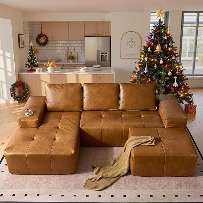 37 Faux Leather Modern Modular Sectional Sofa Footrest &amp Extra Seat Cloud Couch No-Assembly Living Room Couch Brown