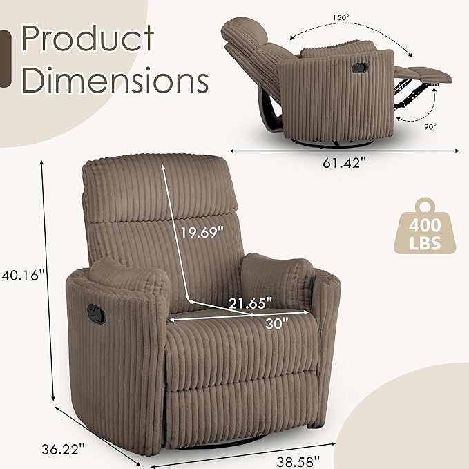 Nursery Rocking Chairs Comfy High Back 360 Swivel Rocker Recliner with 2 Pillows Glider Recliner Nursery Chair for Adults Small Spaces Nursing Bedroom Living Room Brown