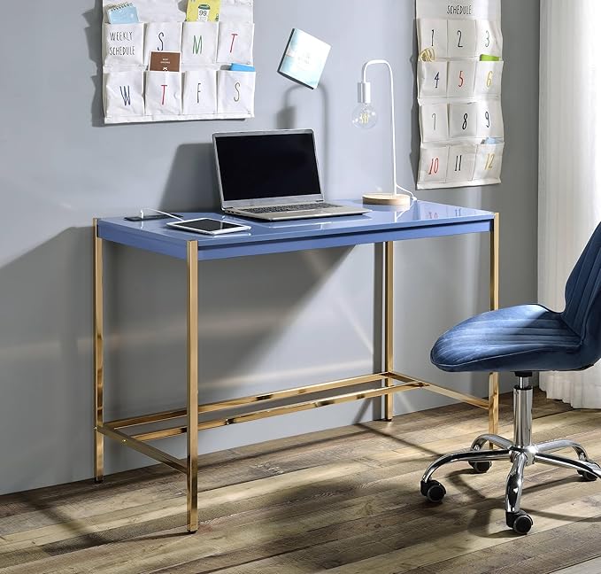 Penau Navy Blue and Gold Writing Desk Modern Office Desk with USB Ports Glossy Finish Rectangular Design 42.5In x 20.5In
