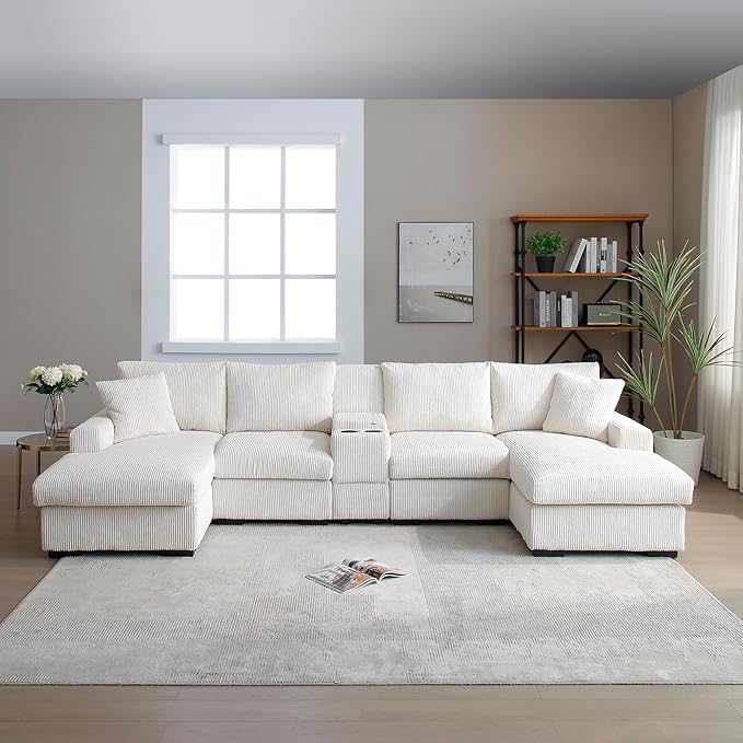 U-Shaped Sectional Cloud Sofa with Storage Console and Cupholders 126-Inch U-Shaped Symmetrical Corduroy Sectional Couch W/2 Chaise LoungesUSB-C Ports &amp 2 Pillows