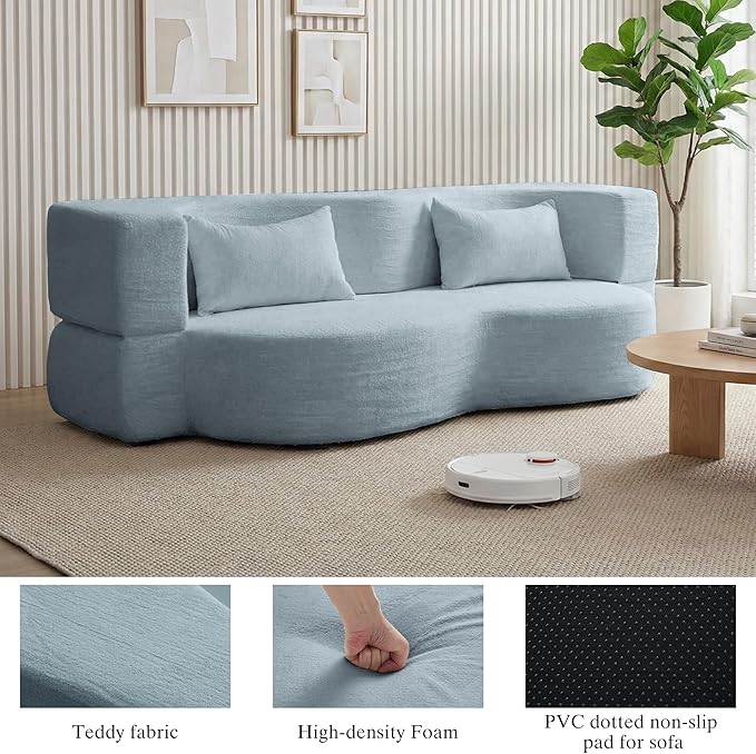 2-in-1 Folding Convertible Sofa Bed - 78 Inch Boneless Teddy Loveseat Sleeper Foldable Floor Futon Couch with Pillow Pull-Out Modular Matress for Small Spaces (Living Room/Bedroom/Dorm) (Blue)