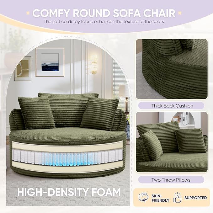 Antetek 53.5-inch Round Chair Modern Accent Corduroy Comfy Deep Seat Boneless Foam Floor Single Circle Chaise Sofa Chair with 3 Pillows for Living Room Bedroom Office No Assembly Required Green