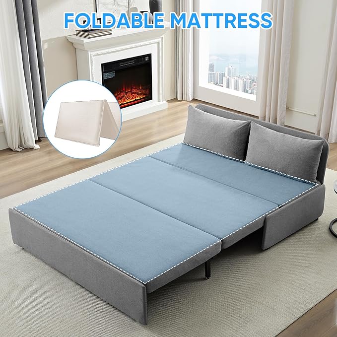 PUREMIND Queen Size Pull Out Sleeper Sofa Bed Linen Convertible Sofa Bed with Foldable Mattress Loveseat Couch Pull Out Bed with 2 Cushions for Small Place Apartment Office Light Grey